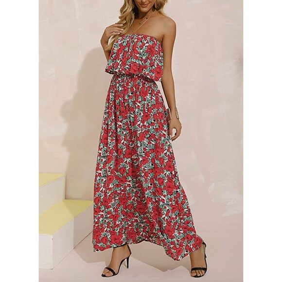 Boho‎ Red Floral Printed Ruffle Strapless Flowy Long Summer Maxi Dress - Picture 1 of 6